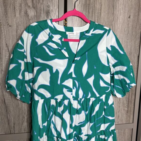 Chico’s Dress Short Layered Puff Sleeves Pockets Green Leaves Poplin Size 4 - Picture 2 of 8